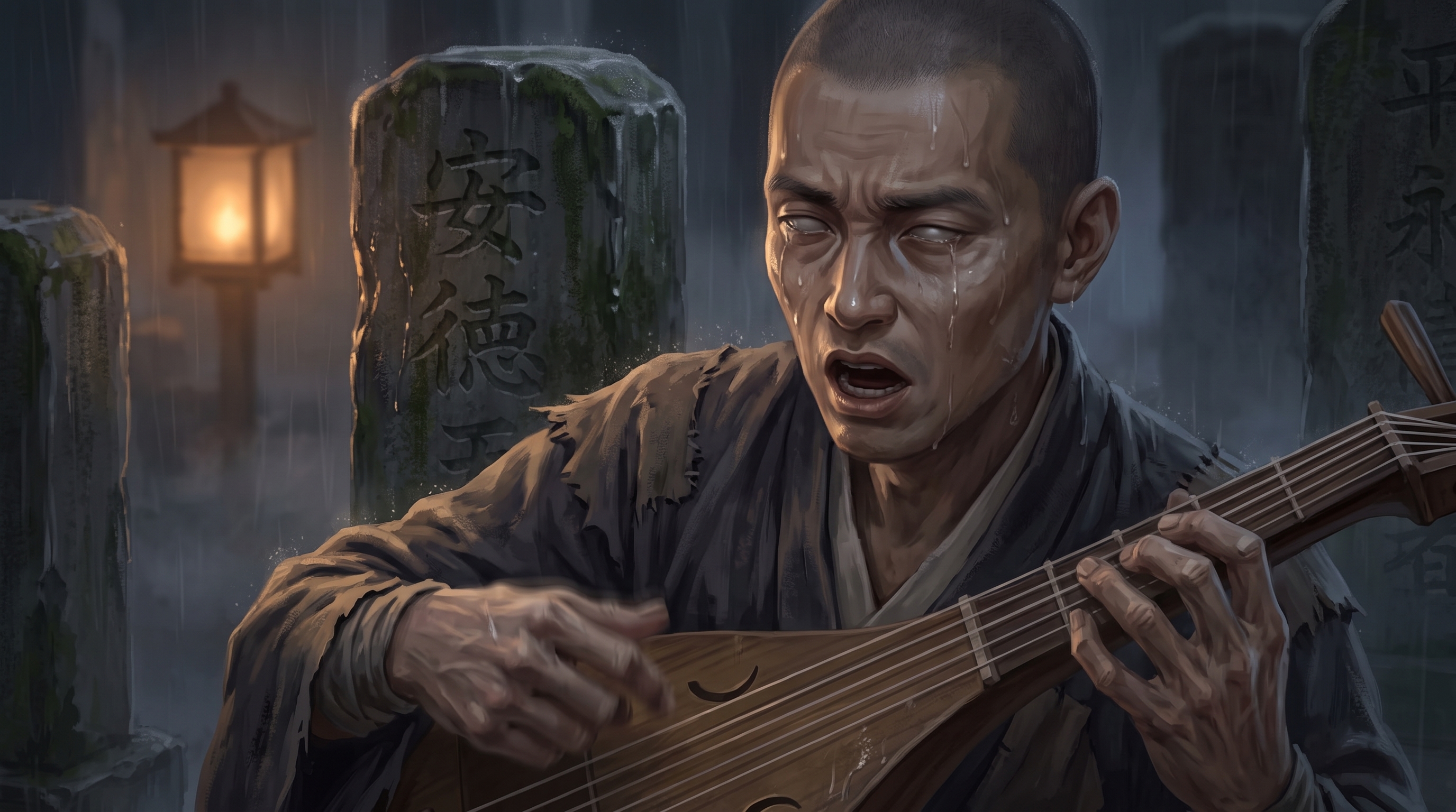 Tactile textures and subtle details of Hoichi sitting silently on the temple veranda in the early morning light, his